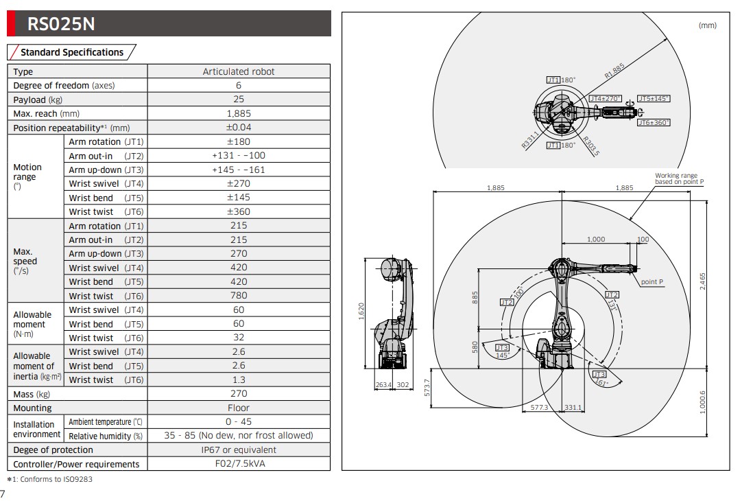 KAWASAKI RS025N 6 AXIS GENERAL PURPOSE ROBOT PAYLOAD 25 KG X 1885